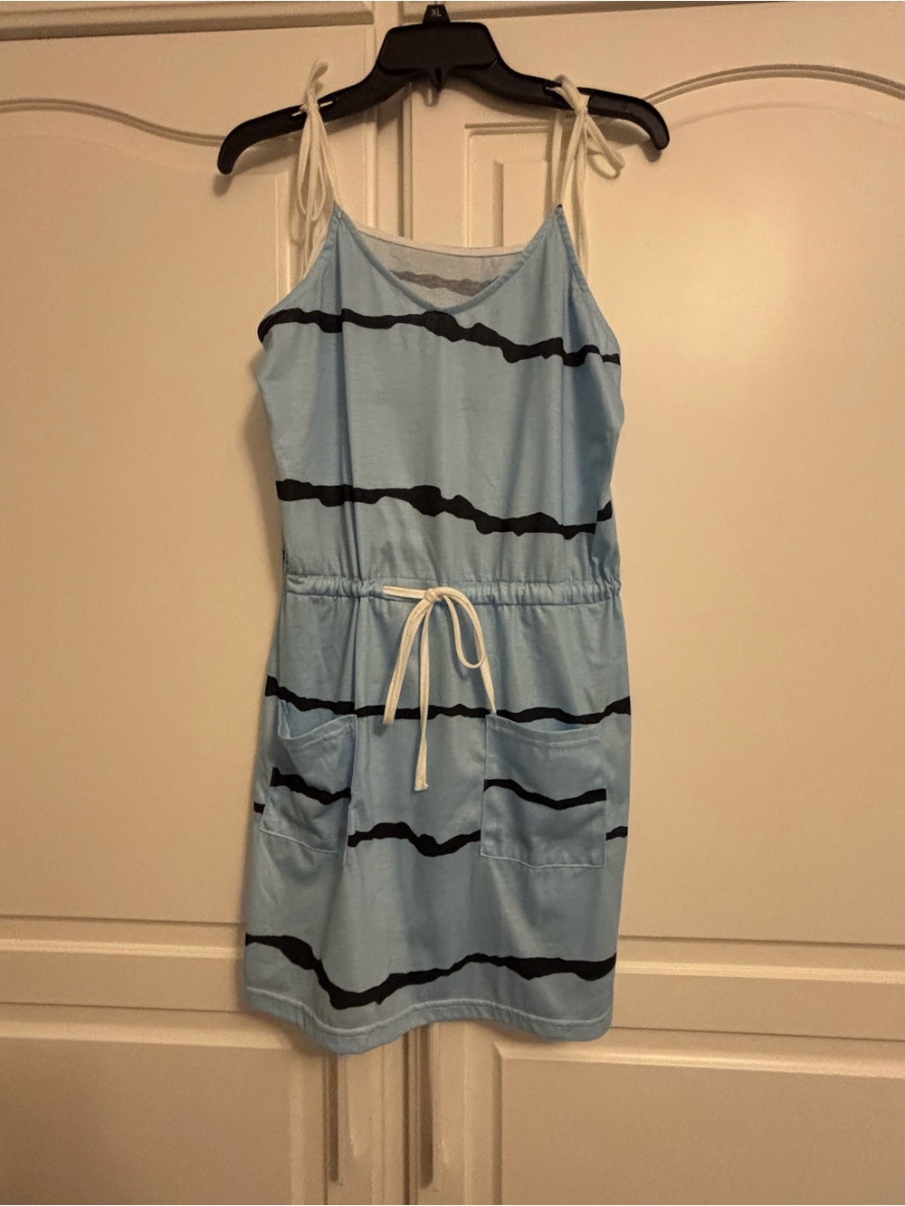 Light Blue Striped Tie-Shoulder Dress with Pockets